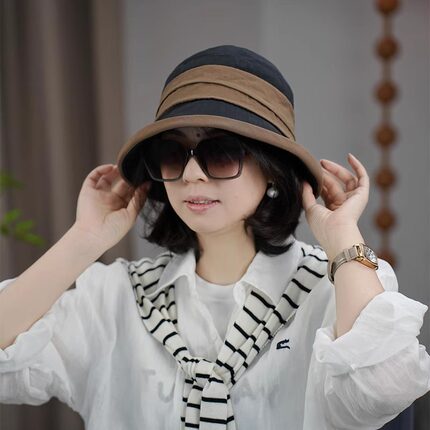 赫本风优雅拼接渔夫帽女夏季户外出游防晒遮阳帽子撞色显脸小盆帽