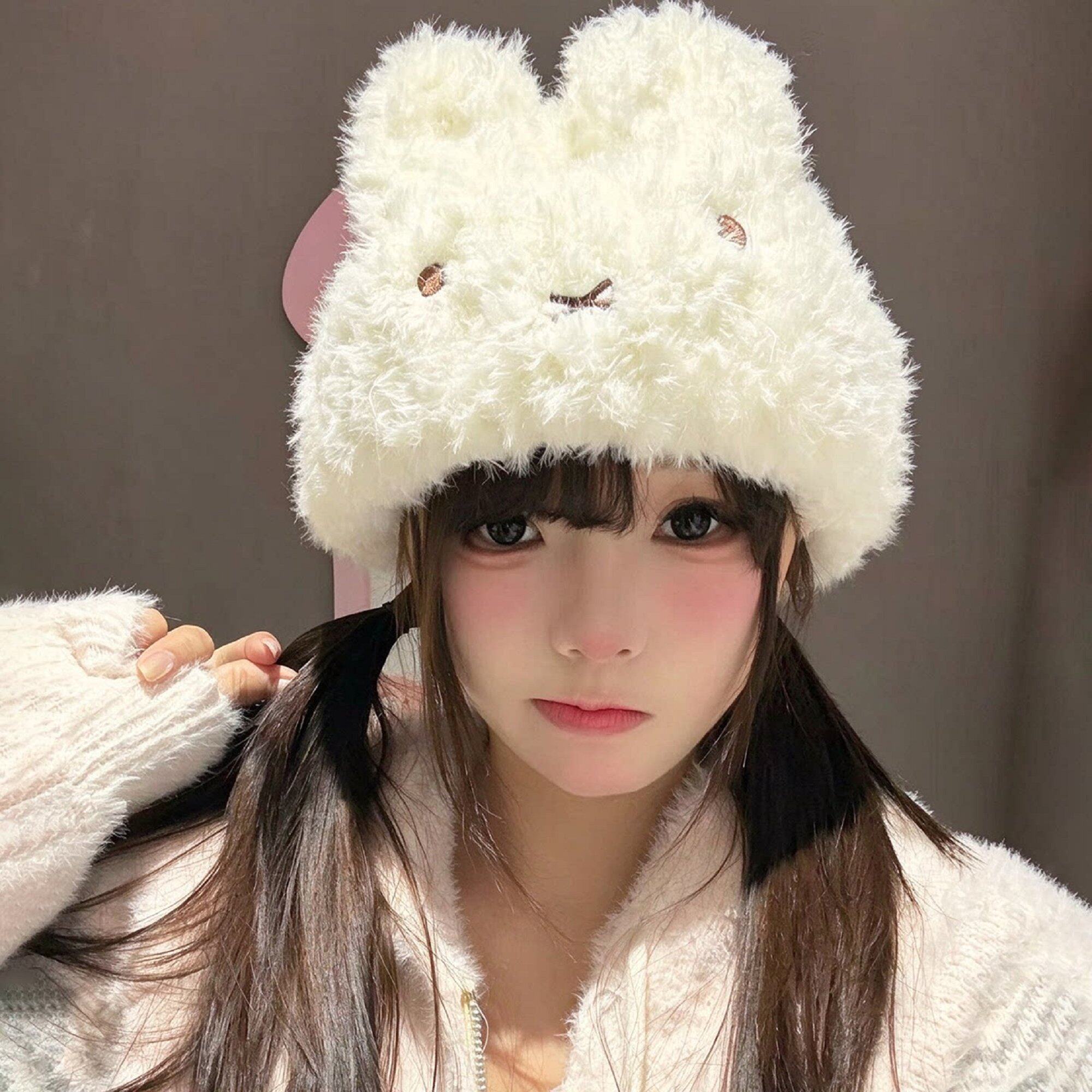 秋冬加绒护耳显脸小兔子针织帽