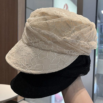 新款清透超薄复古蕾丝刺绣八角帽女百搭透气鸭舌帽显脸小马术帽