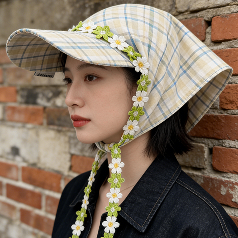 韩系蓝格绑带遮阳防晒鸭舌帽女