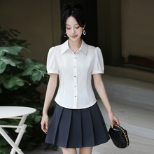 小个子短袖白色衬衫女夏季面试修身收腰短款泡泡袖上班职业衬衣