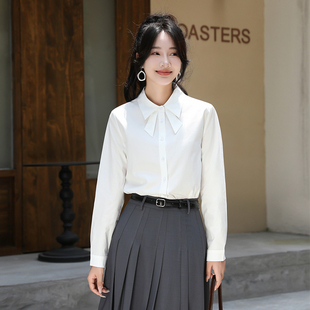 小个子天丝棉长袖 女高级感蝴蝶结领通勤职场面试工作白色衬衣 衬衫