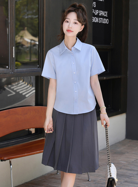 小个子教资面试正式场合浅蓝色短袖棉质正装衬衫女职业夏季上衣