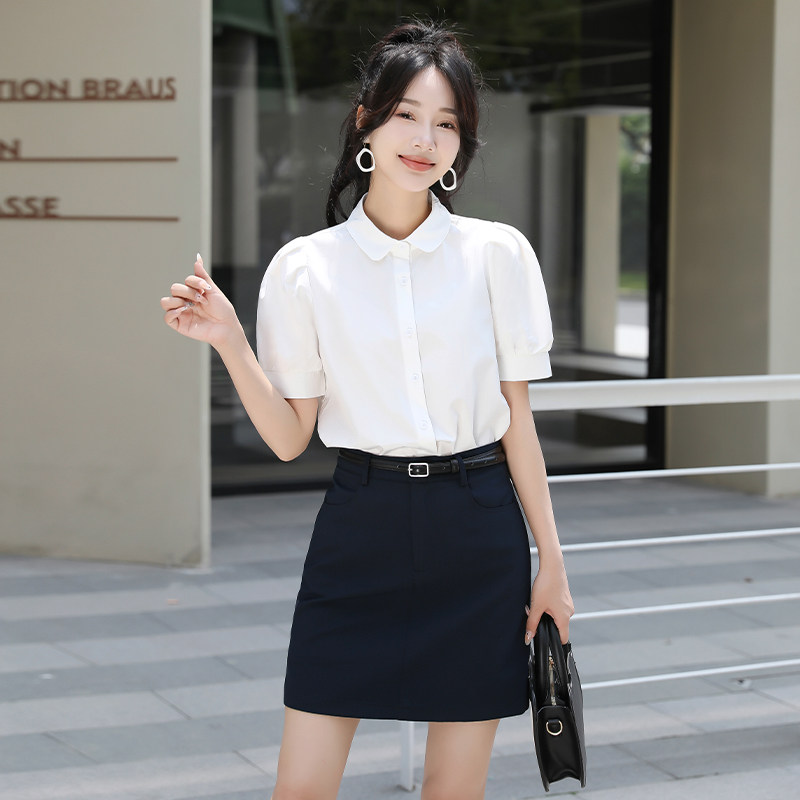 小个子白色短袖衬衫女夏季高级感娃娃领职业泡泡袖减龄气质上衣