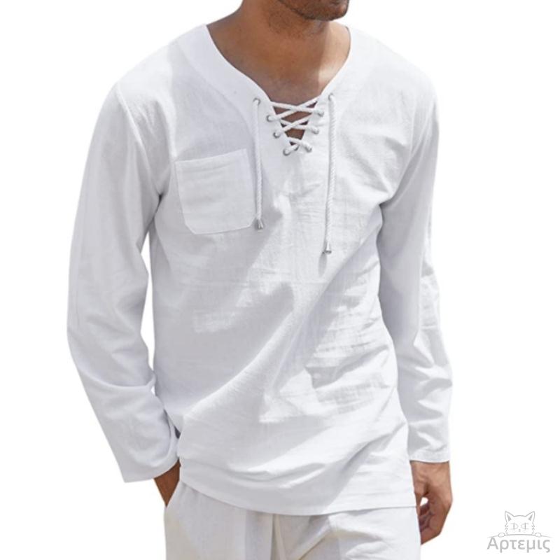 男棉麻时尚休闲系带V领长袖衬衫Men casual lace up V-neck shirt