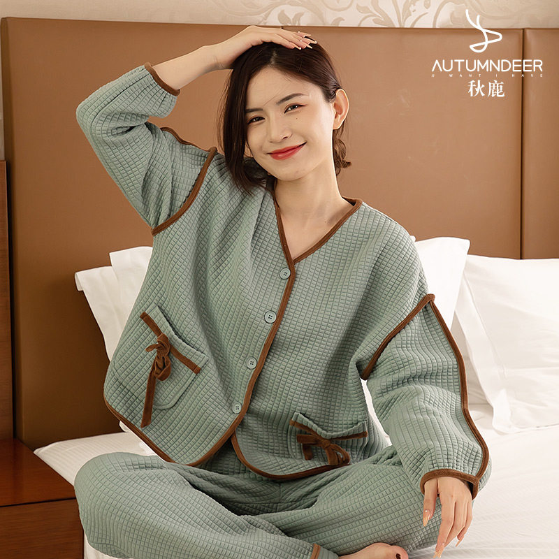 秋鹿秋冬V领保暖提花落肩女睡衣套装新款蝴蝶结家居服可外穿