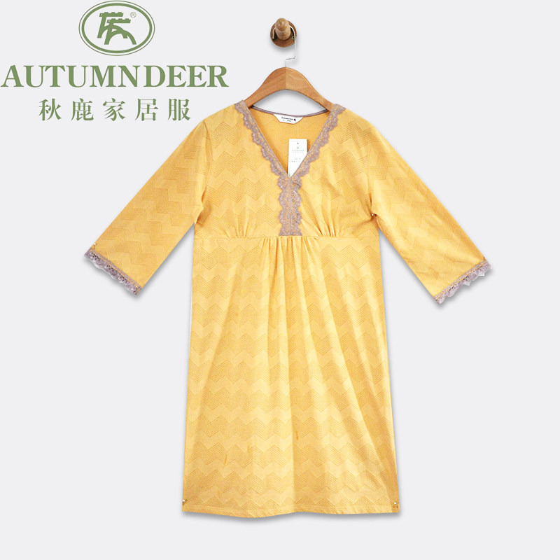 秋鹿autumndeer睡裙女甜美针织棉春夏季连体睡衣新疆棉家居服提花
