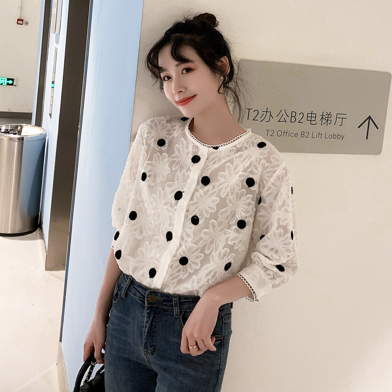 Sweet Embroidery Wave Chiffon shirt Three Quarter Sleeve 2019 Spring and summer Korean Edition Western style fairy Dot jacketin the Women's clothing/Boutique , Shirt  category - from Buy2taobao.com to provide professional Taobao agent buy service