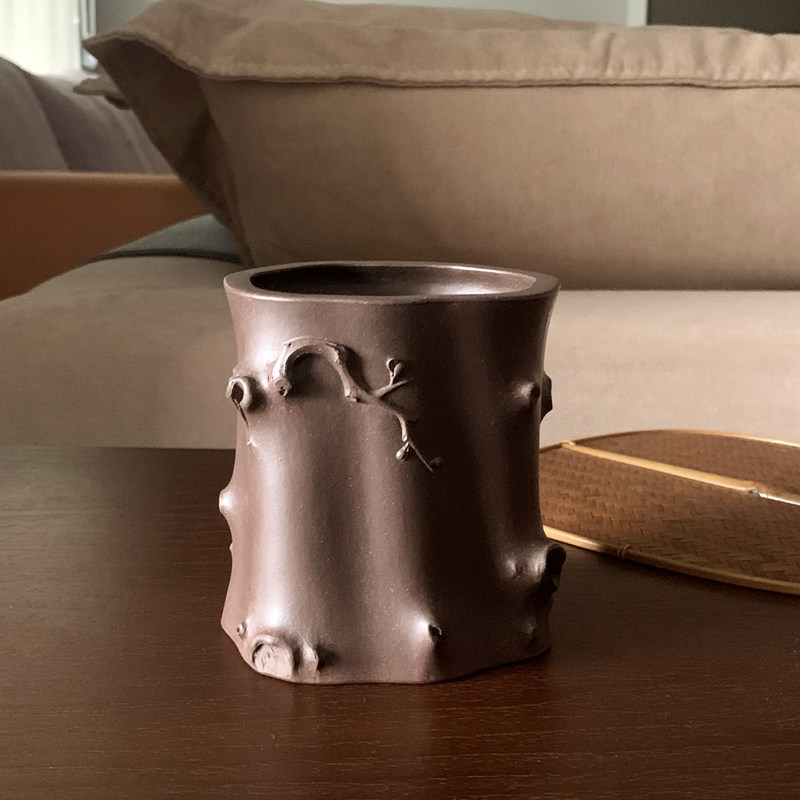 御青堂宜兴雕塑 刘景紫砂茶宠 景人茶玩 刘洪全手工梅桩笔筒 渣斗