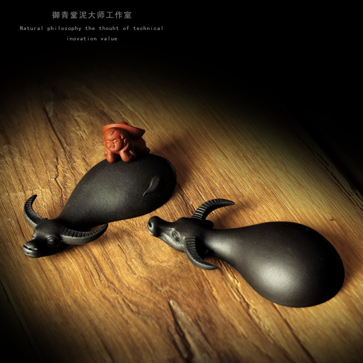 御青堂宜兴紫沙舞狮人张爱成全手工紫砂茶宠茶玩 牧童水牛 放牛娃