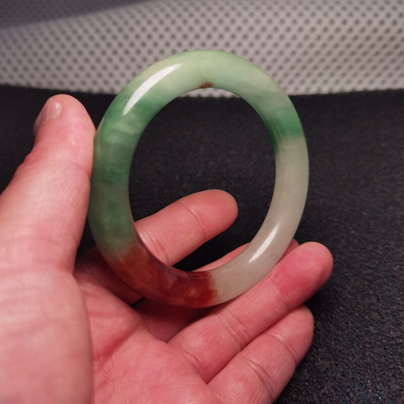 冰糯种玉石翡翠色红翡双彩手镯阳绿色翠玉镯子福镯飘花镯孤品59mm
