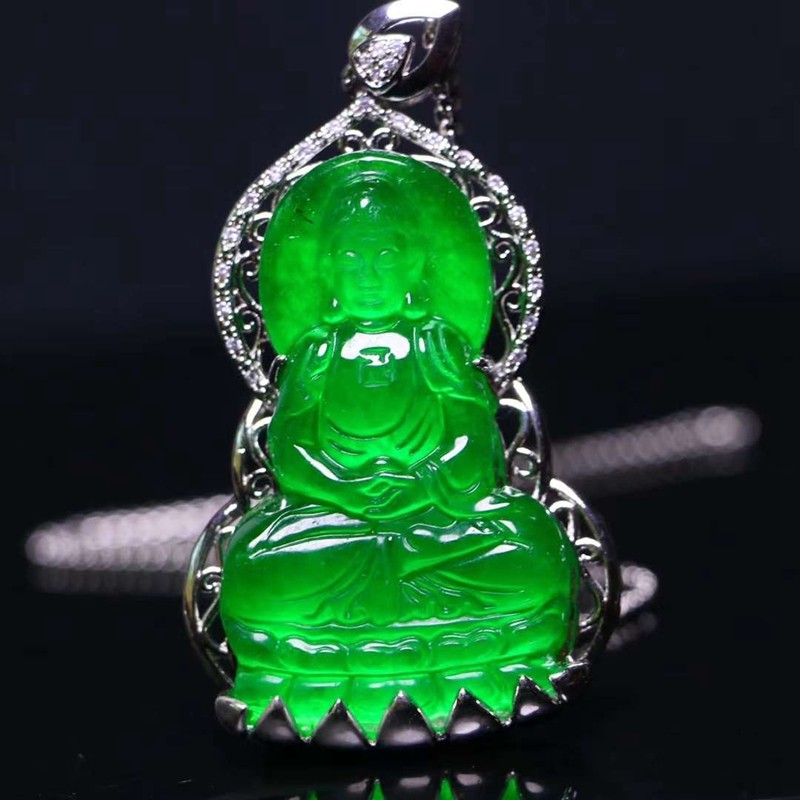 玻璃种满绿辣绿阳绿帝王绿精工镶嵌赐福观音佛吊坠玉坠挂件玉观音