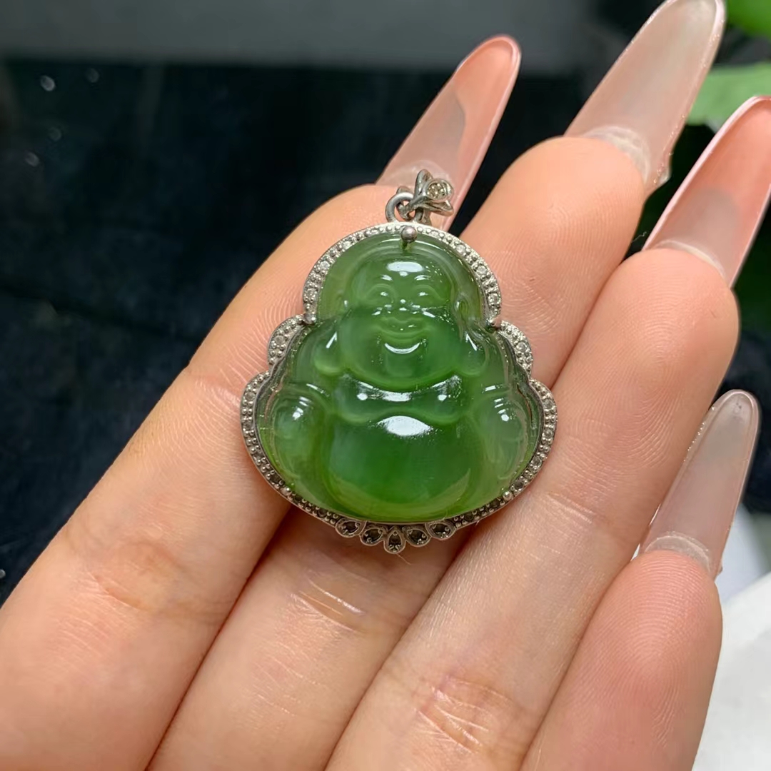 天然珠宝玉石和田玉吊坠镶嵌款碧玉猫眼满绿弥勒佛公挂件玉坠吉祥