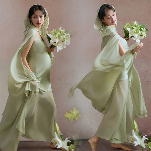 孕妇森系薄荷绿艺术照连衣裙