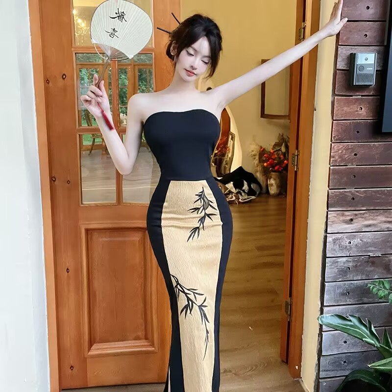 影楼写真复古新中式抹胸连衣裙