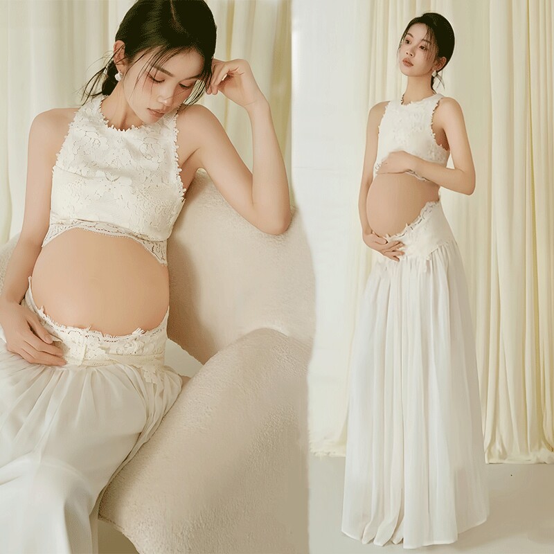 孕妇影楼白色蕾丝背心长裙套装