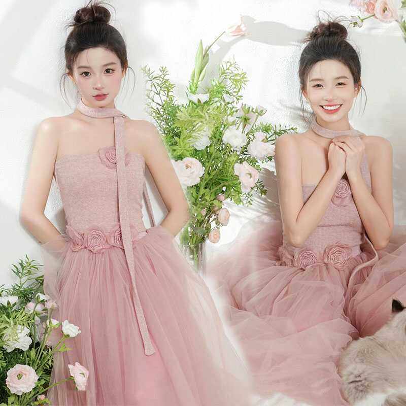 影楼新款轻婚纱粉色私房法式复古肖像照摄影主题服装森女系高级感