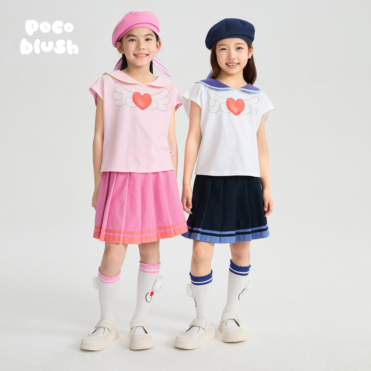 pocoblush【美猫战士】水手翻领T恤女童夏季空气感印花海军领短袖