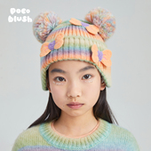 pocoblush原创设计彩虹蝴蝶结针织保暖帽子女童秋冬可爱护耳毛球