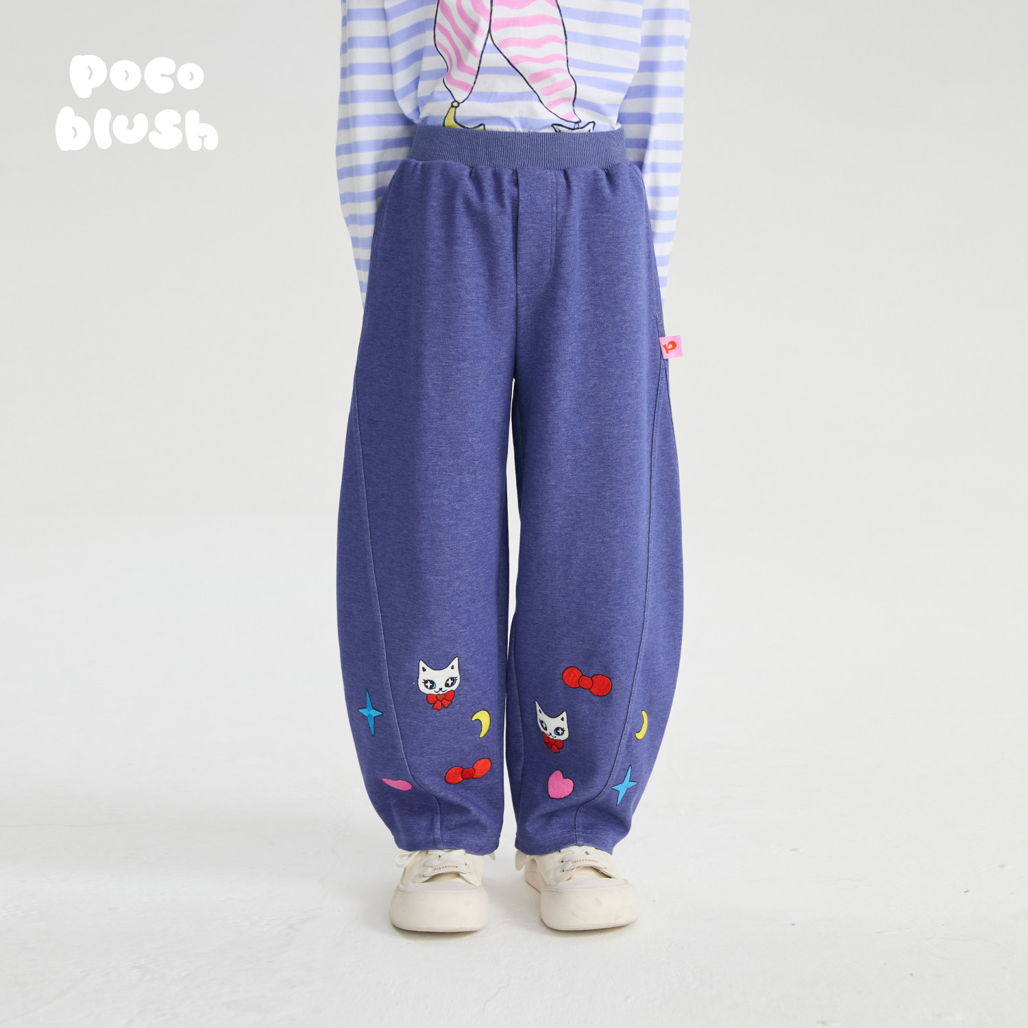 pocoblush【奇幻星夜】绣花牛仔运动裤春季新款女童大口袋香蕉裤