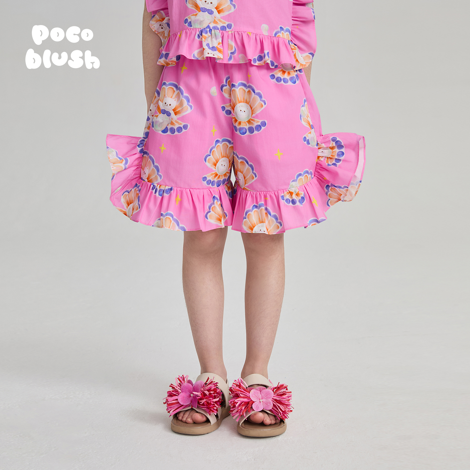 贝壳珍珠猫印花短裤手绘廓形裤子