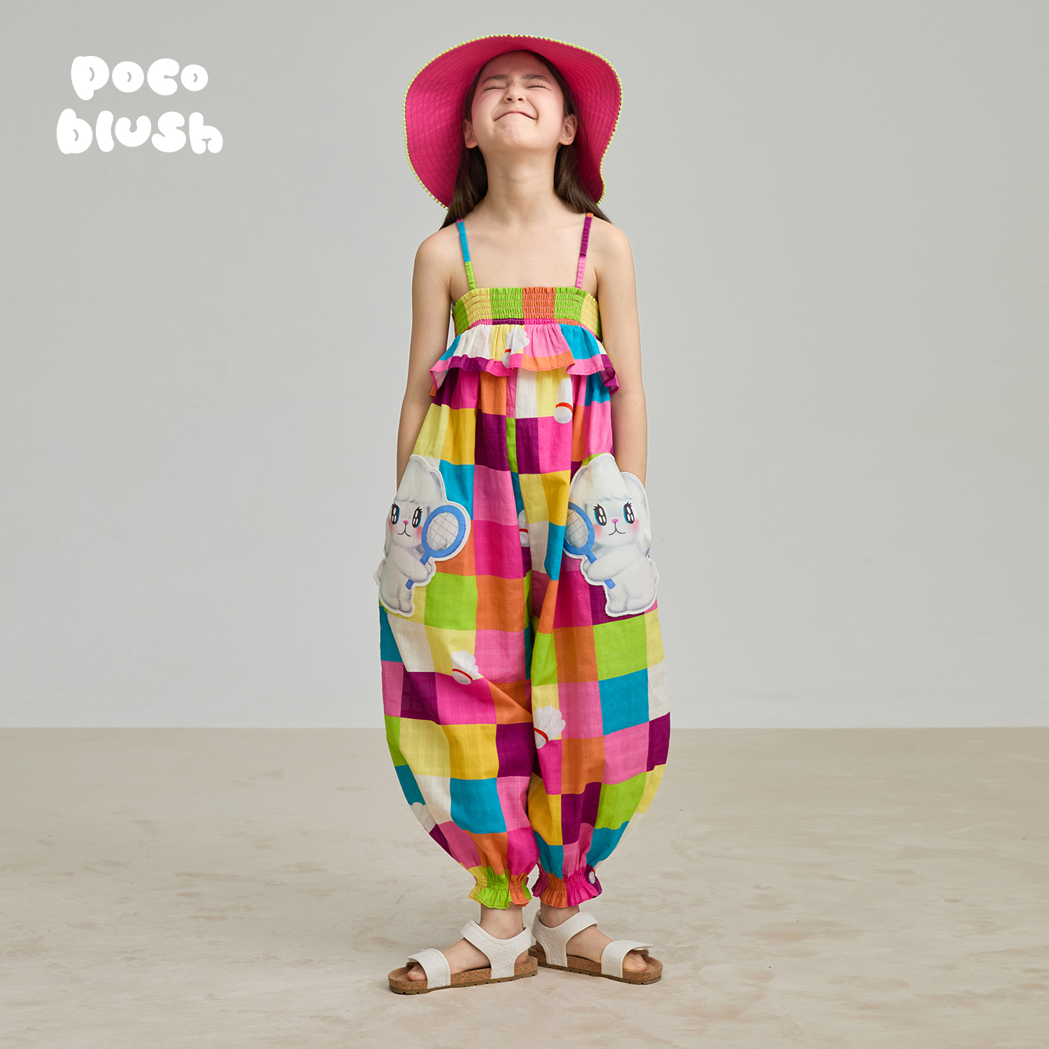 梦想运动会彩格连体裤女童纯棉夏