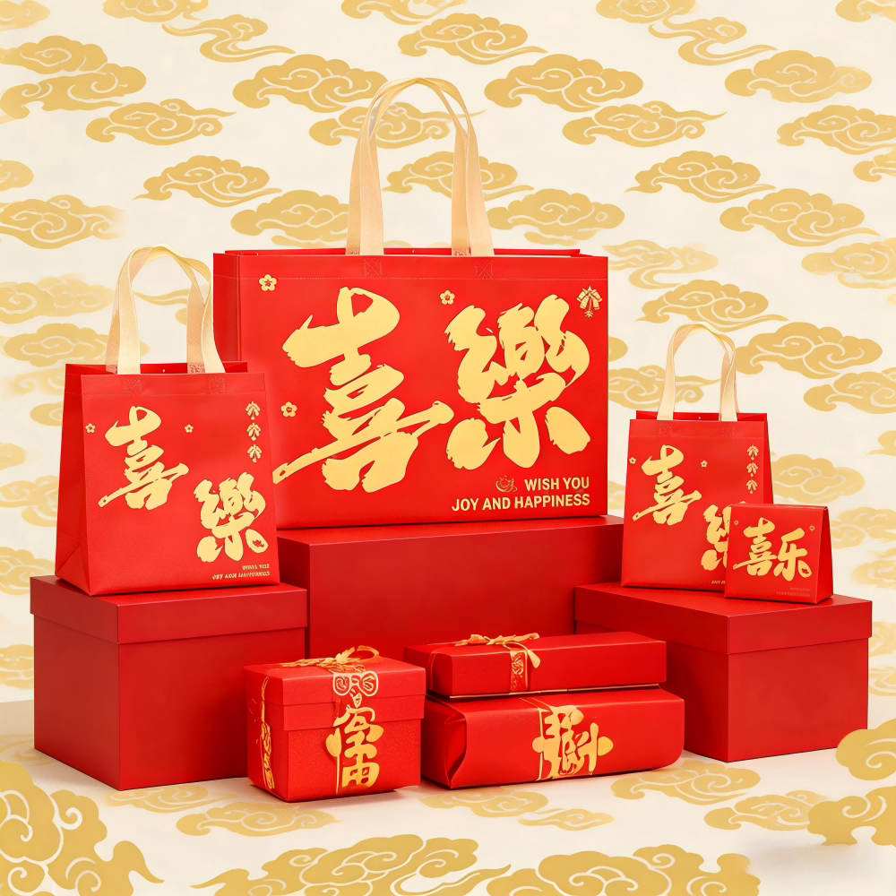 平安喜乐喜庆覆膜无纺布礼品袋手提袋包装袋子新款高档红色2025