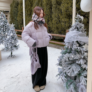 浅紫色针织连帽羽绒服女短款2025冬季新款韩版加厚保暖白鸭绒外套