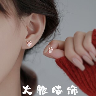 S925银针兔子耳钉兔年本命年耳环猫眼石耳饰小众设计可爱新年礼物