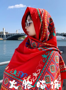 茶卡盐湖旅游拍照草原沙漠防晒丝巾海边复古大红色围巾披肩两用女