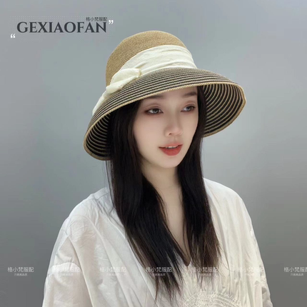 优雅网纱大蝴蝶结草帽夏季遮阳帽女条纹渔夫帽百搭出游度假太阳帽