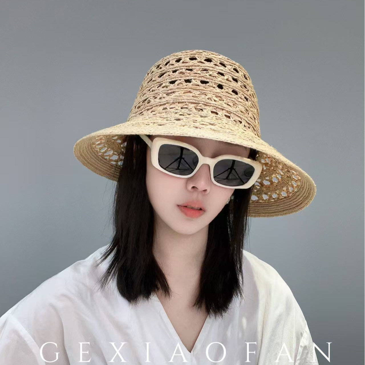 法式夏季出游拉菲草盆帽海边度假草编帽子镂空气质百搭草帽大帽檐