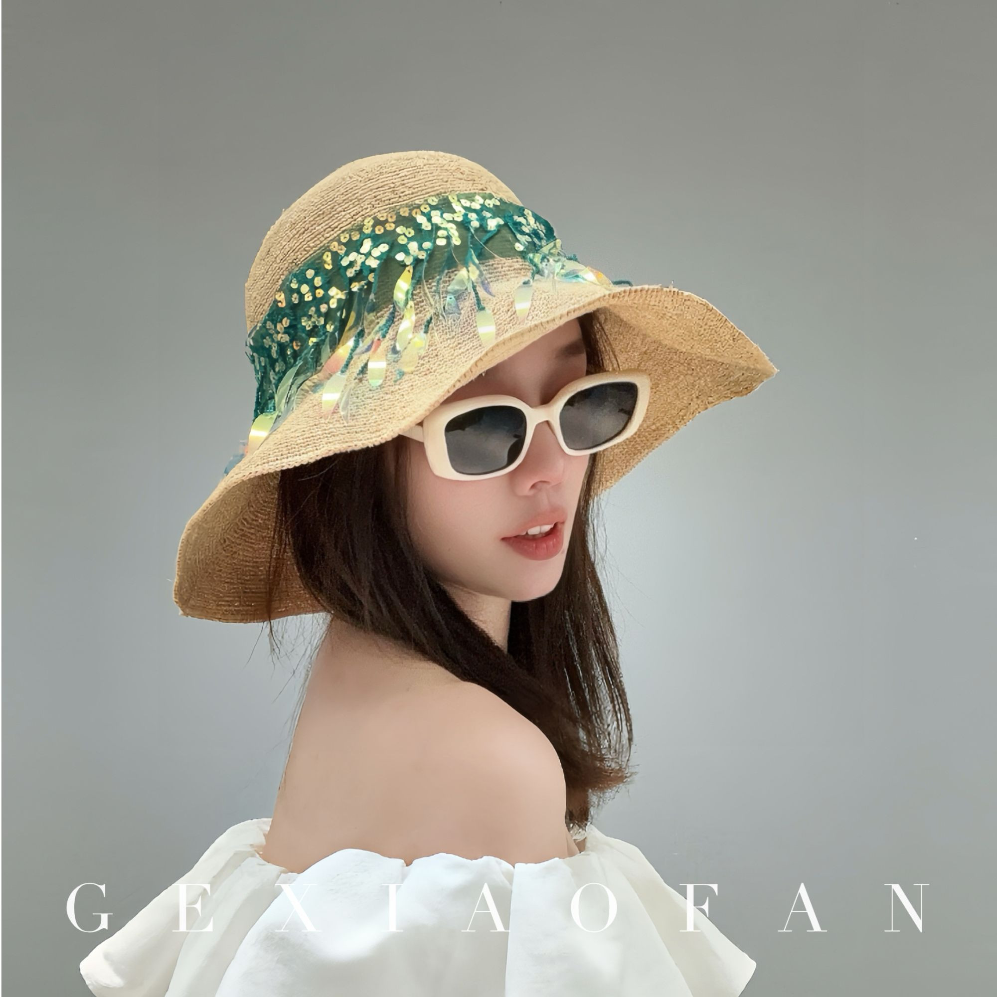 【格小梵】正品法式拉菲草帽女夏日流速亮片大帽檐出游海边防晒帽