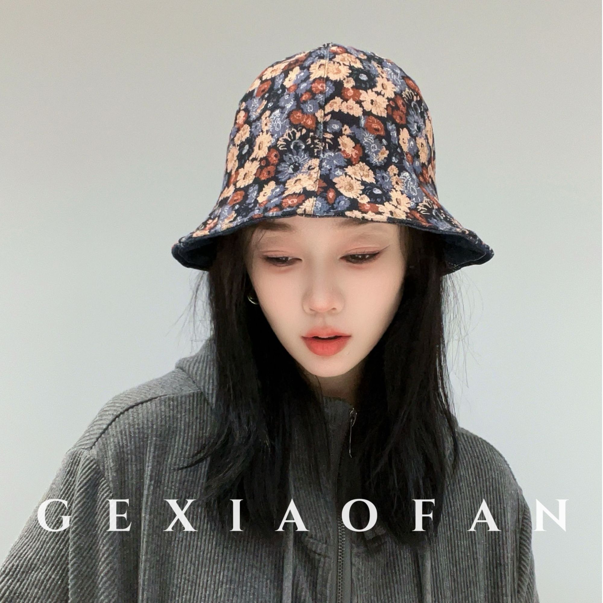 格小梵·正品日系碎花双面牛仔渔夫帽女初秋出游遮阳防晒帽子女