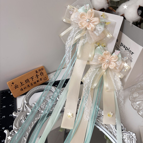 奶黄绿色中华风Lolita边夹新中式配饰头饰樱花对夹飘带金盏银台