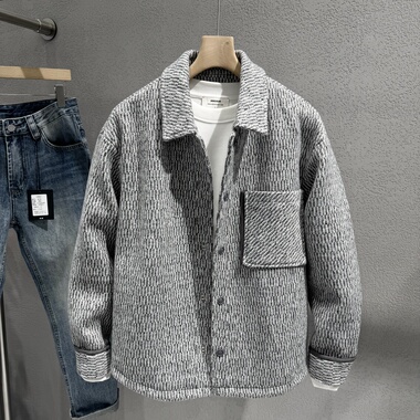 男士翻领外套2026春季新款青年流行个性短款衬衣领针织保暖上衣男
