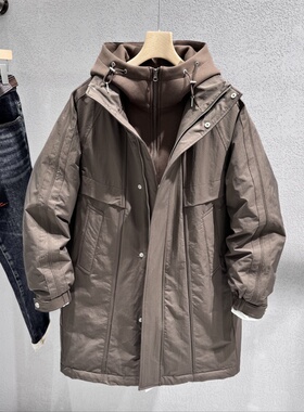 男士假两件羽绒大衣2025冬季新款青年流行可拆卸连帽90白鸭绒大衣