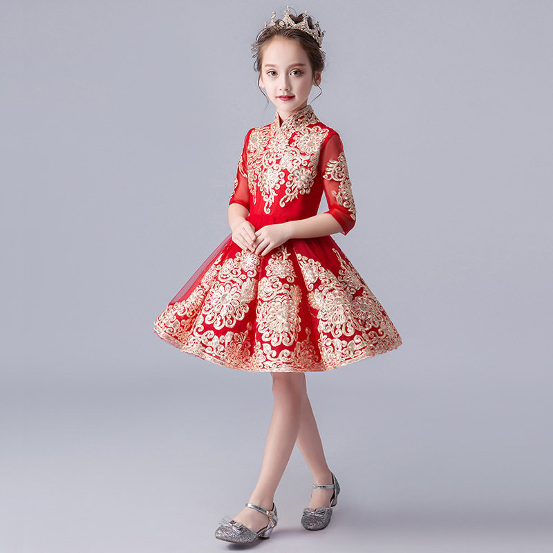 中国风刺绣花童晚礼服大红色女童蓬蓬纱公主裙中式儿童演出服秋冬