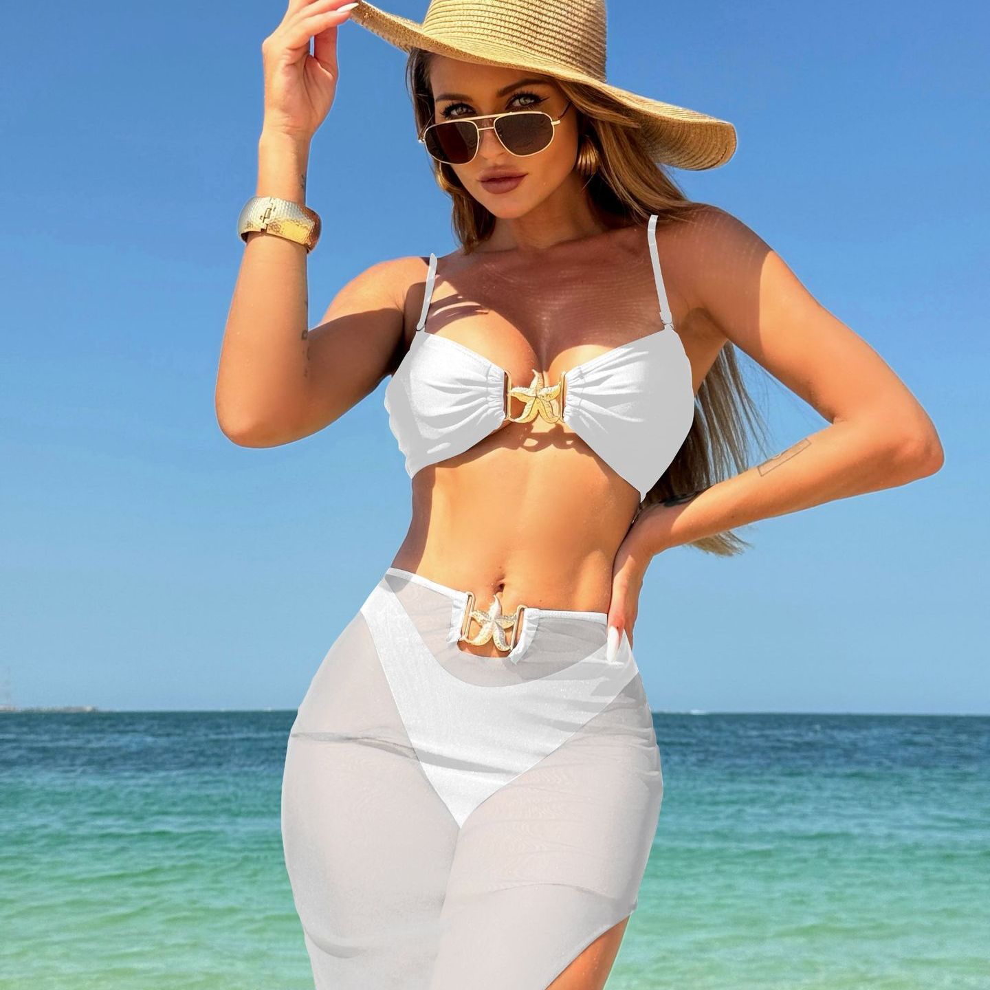 海星比基尼三件套泳衣三角杯网纱包臀长裙游泳衣女泳装bikini85