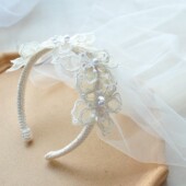 欧美花童头纱蕾丝花瓣造型发箍宝宝周岁生日宴头饰女生中长款 披纱