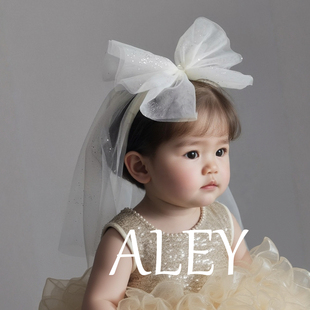 欧美同款闪闪欧根纱蝴蝶结婴幼儿童头纱发饰女童拍照样片超仙少女