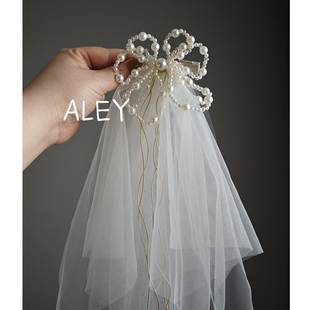 花童简约优雅法式精致手工珍珠头纱女童生日演出头饰成人新娘领证