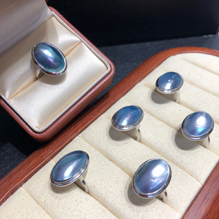 坚实德盾牌蓝银色马贝戒指宽面设计更有层次纯银开口S925