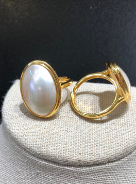 坚实的盾牌椭圆马贝戒指白金色开口设计扩面厚S925