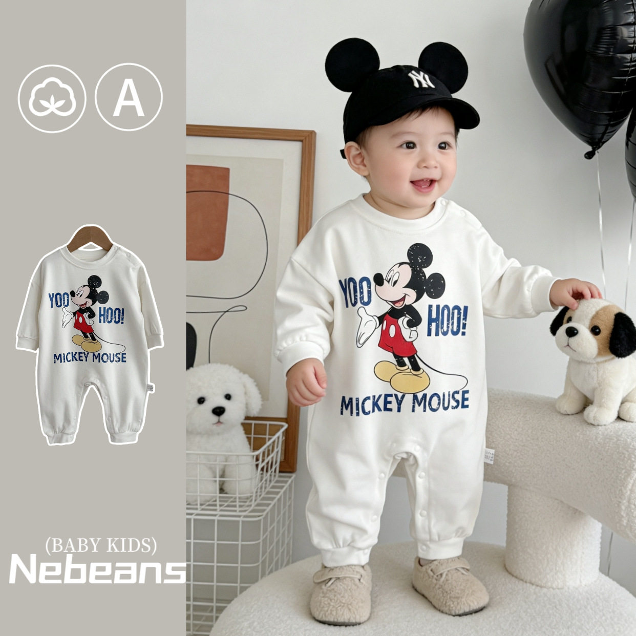 春款A类纯棉米奇连体衣婴儿长袖爬服男女宝宝连身衣外出服哈衣服