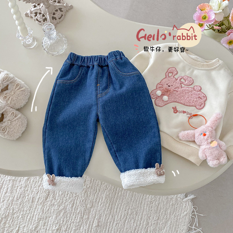 女童洋气牛仔裤0-5岁冬季韩国童装女宝宝加绒休闲裤儿童裤子AK466
