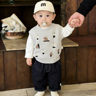 早春韩版男童卡通针织马甲套装春秋洋气时髦休闲宝宝三件套裤子