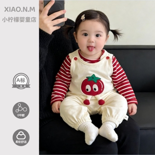 超萌女宝宝加绒套装婴儿可爱长袖卫衣背带裤连体衣保暖两件套冬季