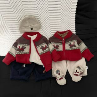 婴儿拜年服加绒毛衣秋冬季男女宝宝加厚冬装儿童保暖针织开衫衣服
