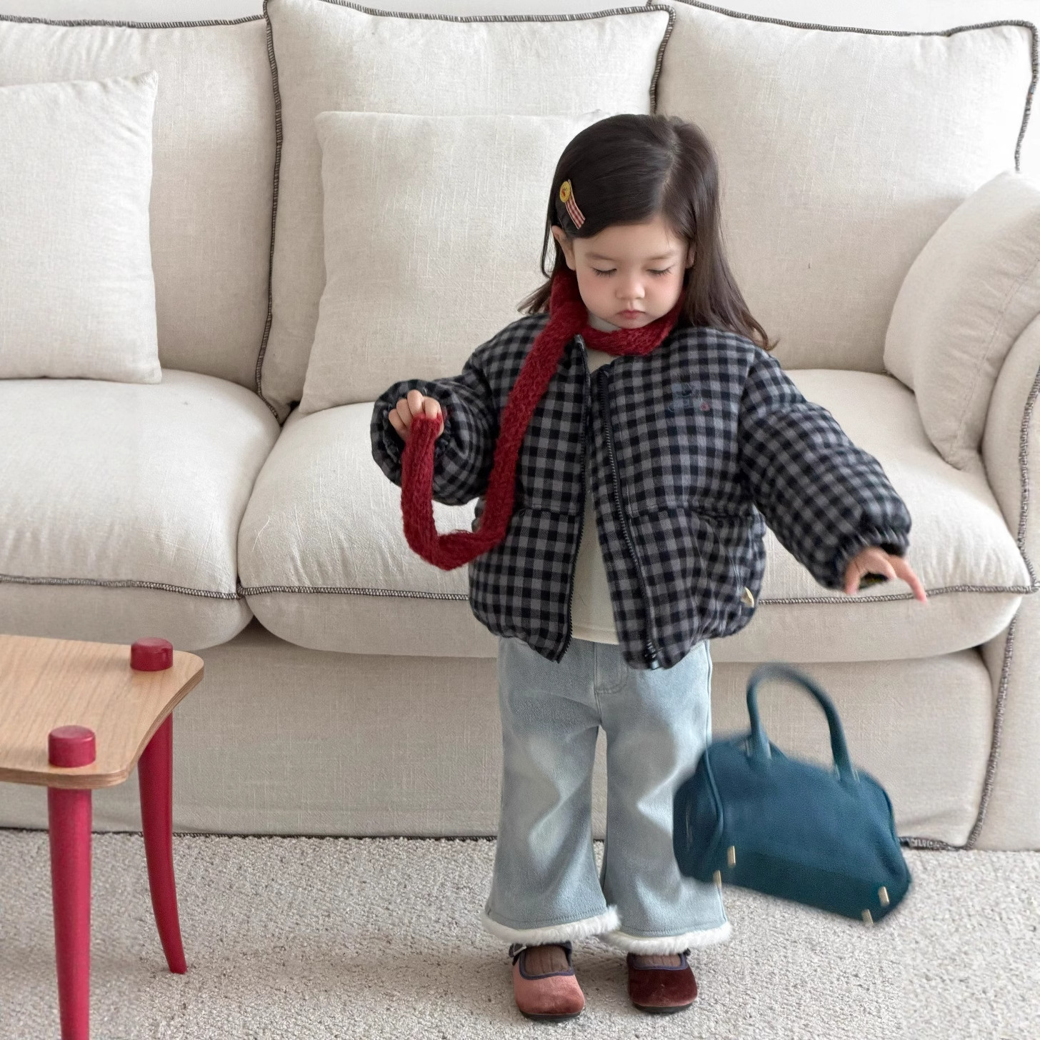 【加厚】儿童格子棉衣保暖外套2025新款宝宝秋冬装女童牛仔裤套装